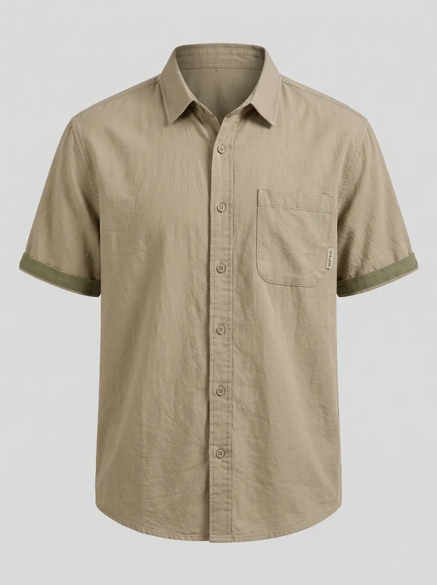 Men's Casual Breathable Khaki Contrast Cuff Button Down Shirt