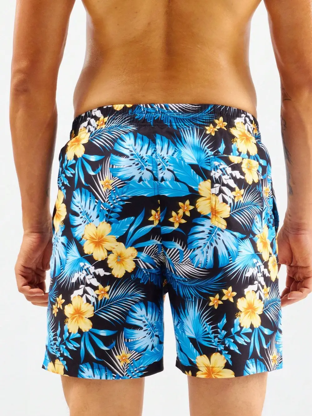 Men's Drawstring Tropical Print Pocket Swim Trunks