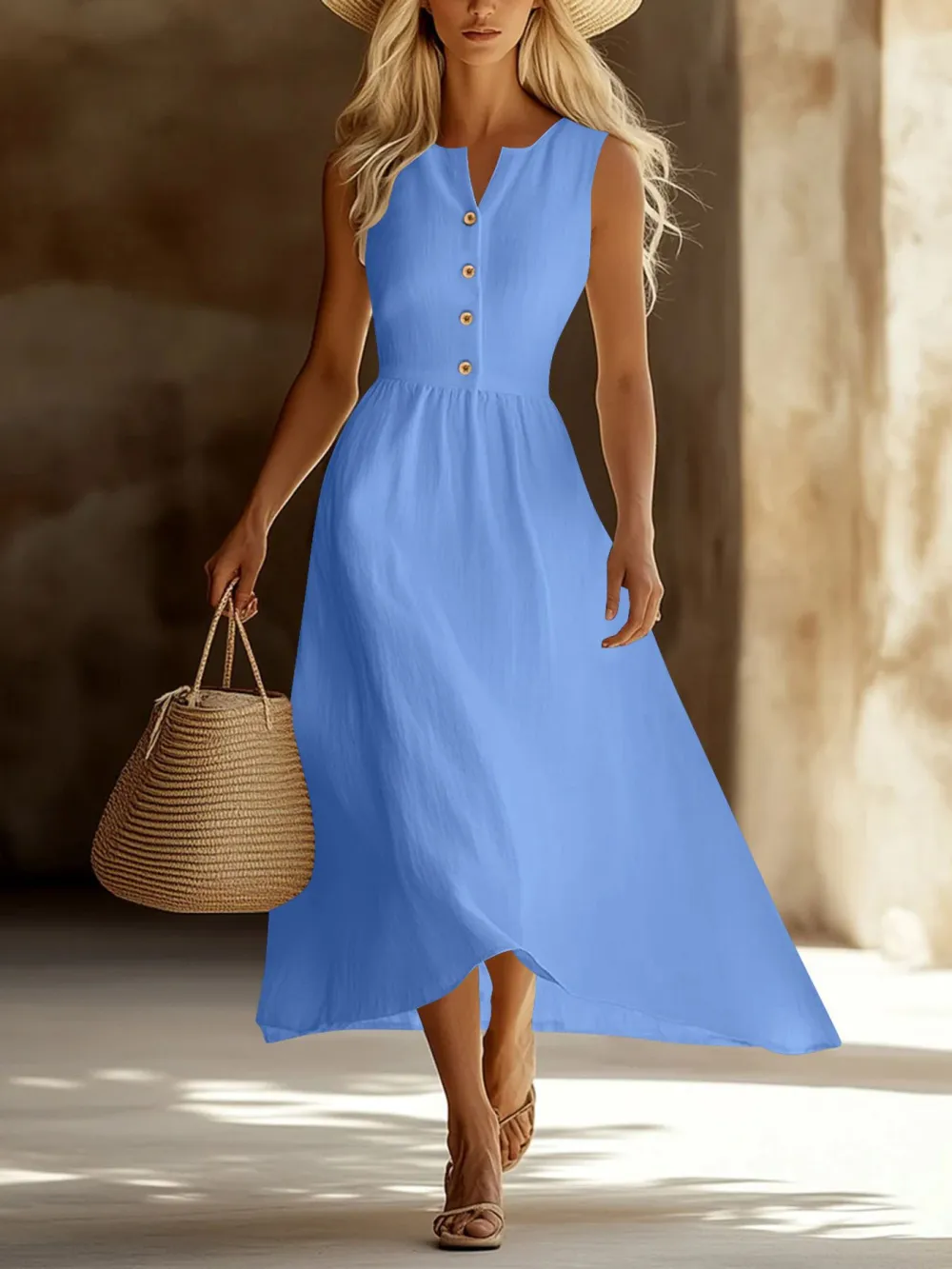 Clean Line Button Front Sleeveless Midi Dress