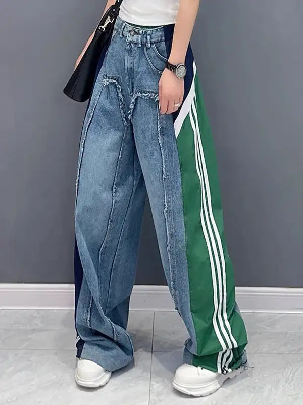 Fringe Detail Contrast Panel Relaxed Fit Wide Leg Seamed Drawstring Elastic Waist Jeans