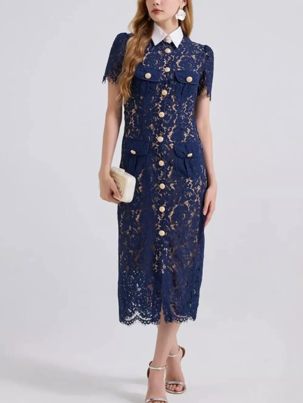 Lace Button Front Midi Dress