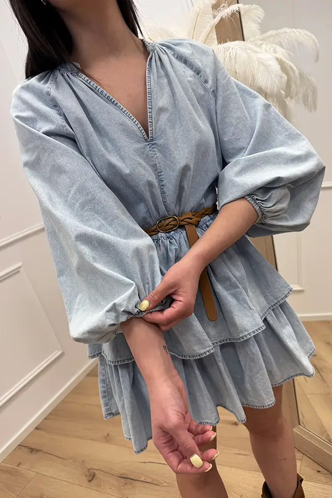 Puff‑Sleeve Tiered Denim Belted Dress