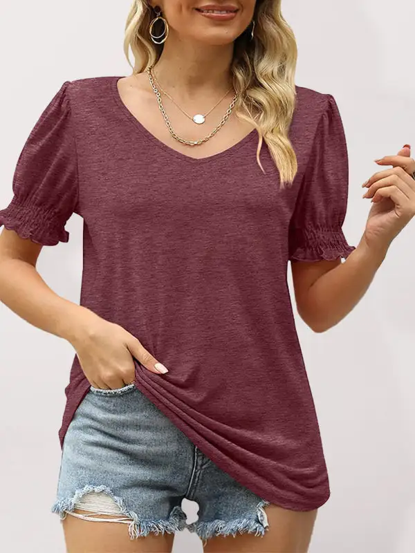 V-Neck Collared Short-Sleeve Puff-Sleeve T-Shirt