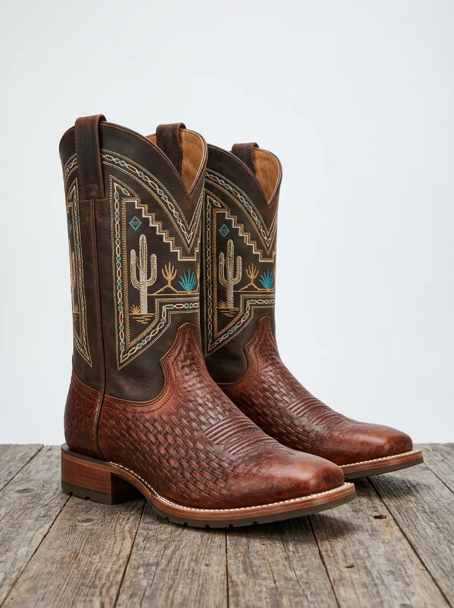 Men's Western Desert Cactus Embroidered Woven Leather Cowboy Boots