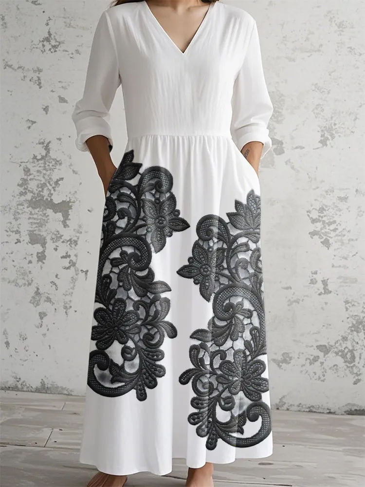 Grey Patterned V-Neck Long-Sleeve Dress