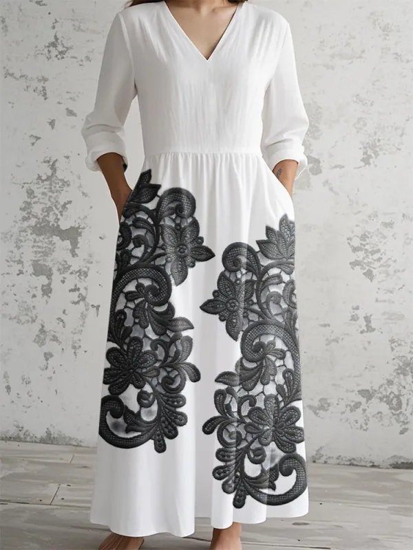 Grey Patterned V-Neck Long-Sleeve Dress