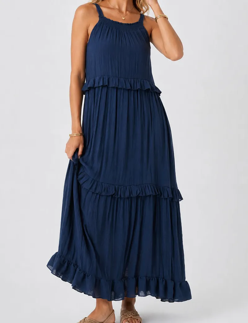 Boho Ruffle Tiered Hem Sleeveless Solid Color Maxi Dress