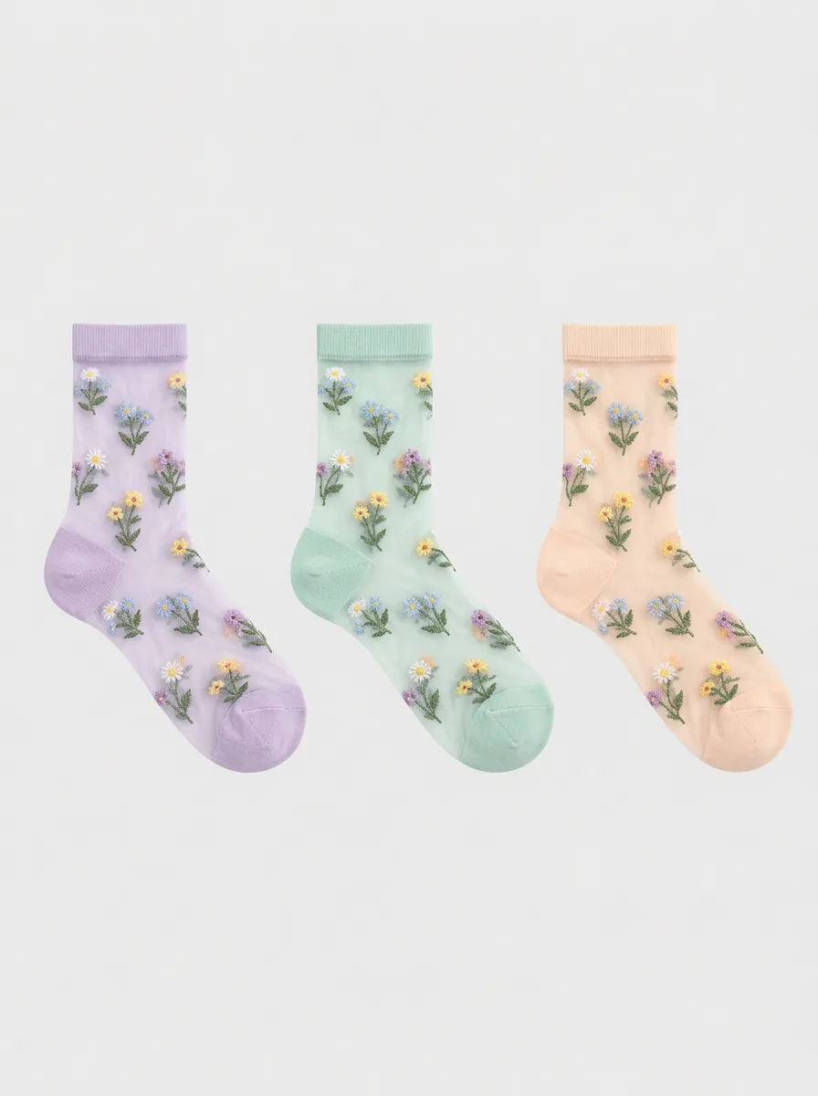 Women's Pastel Floral Embroidered Sheer Crew Socks - of 3 3-Pack