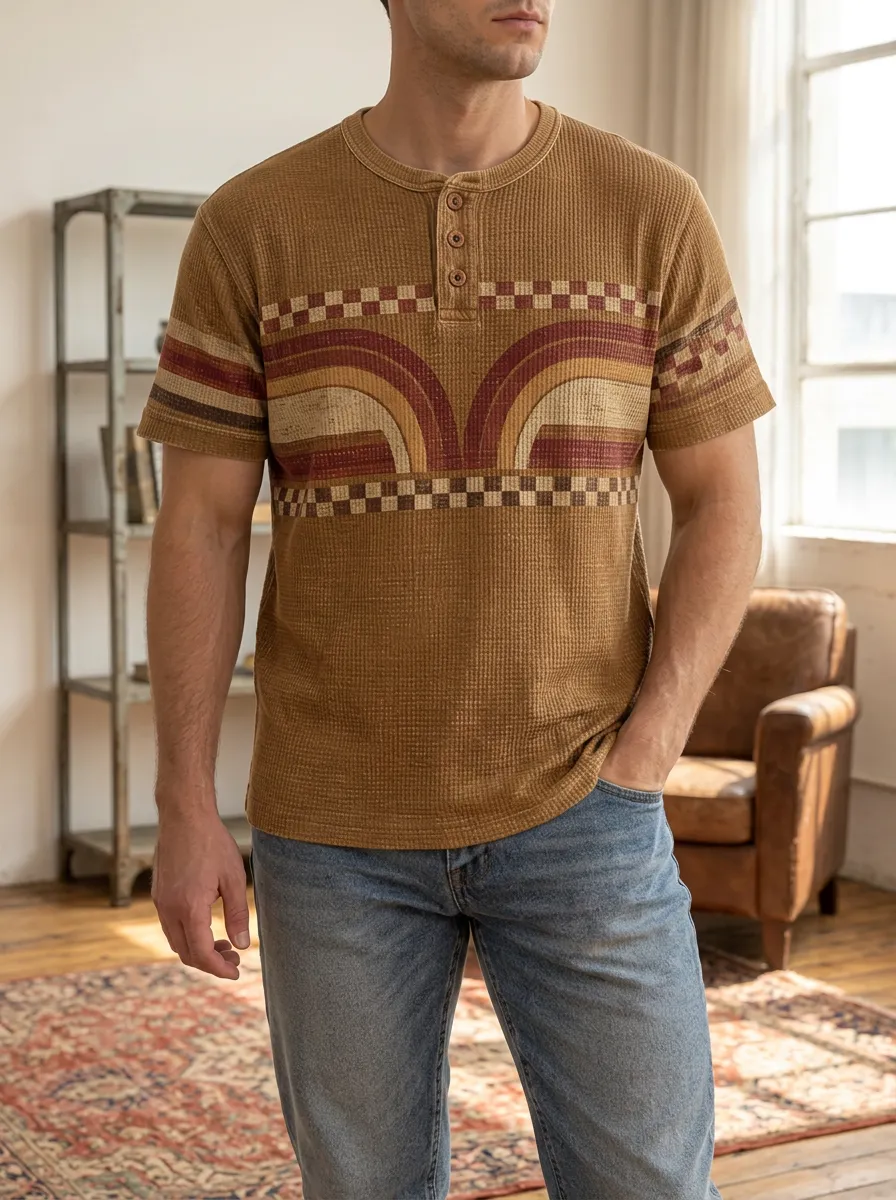Men's Vintage Retro Geometric Rainbow Printed Waffle Henley T-shirt