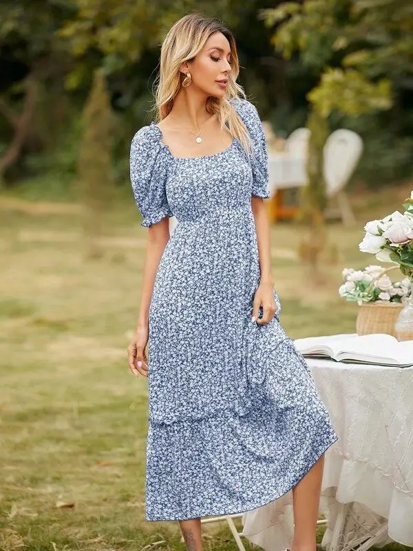 Women Square Neck Ditsy Floral Frill Trim Dress