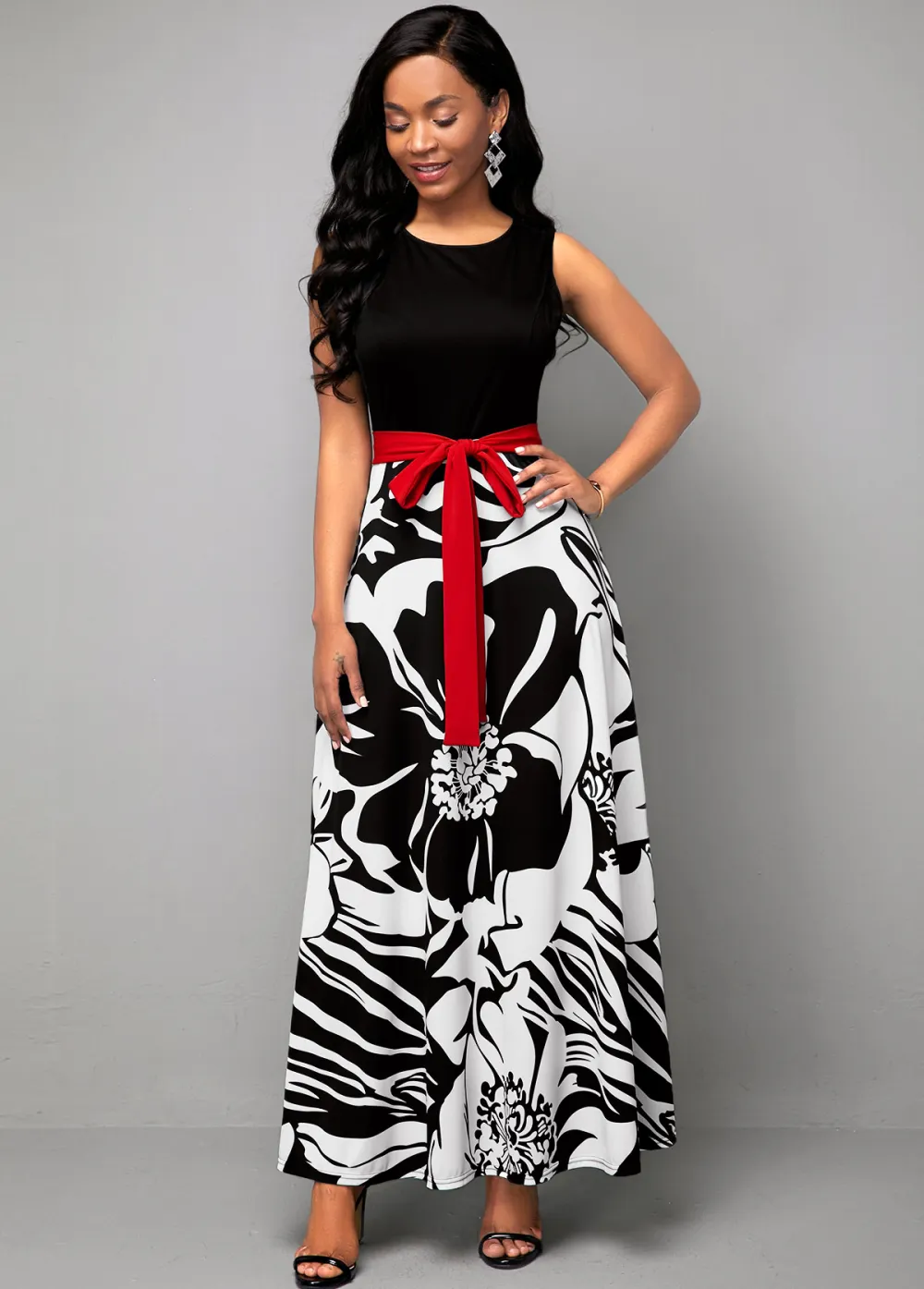 Belted Flower Print Round Neck Dress