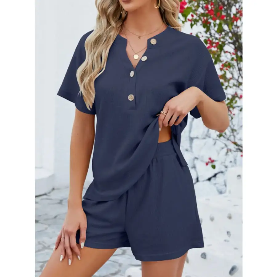 Casual Button Detail Ribbed Top and Shorts Two Piece Set