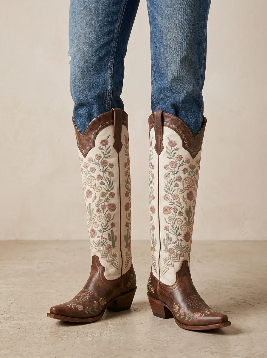 Women's Western Cactus Floral Embroidered Stacked-Heel Denim Over-the-Knee Boots