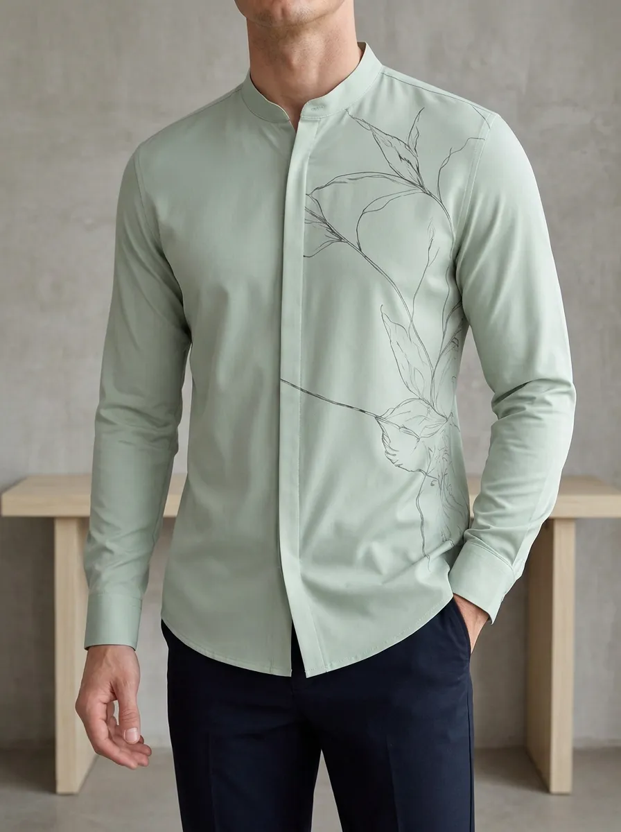 Men's Sage Green Floral Line Art Printed Slim Fit Mandarin Collar Shirt