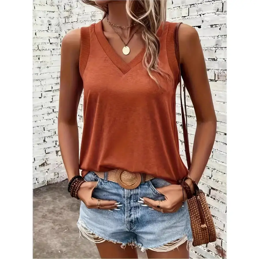Breathable V Neck Ribbed Band Tank Top