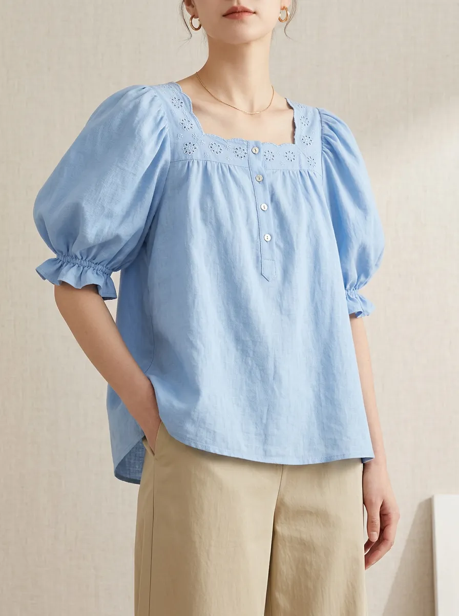 Embroidered Eyelet Square-Neck Women's Puff-Sleeve Blouse