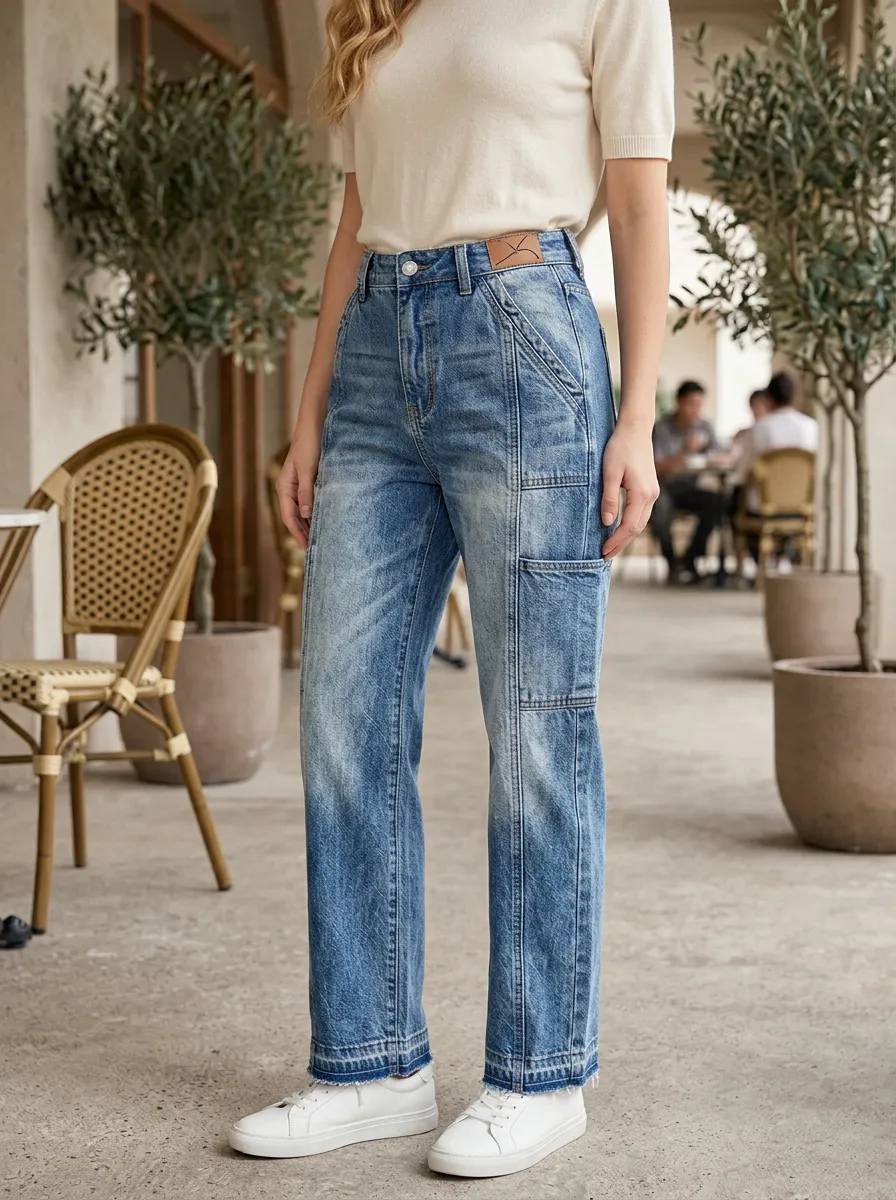 Women's Vintage Wash High-Waisted Paneled Denim Jeans
