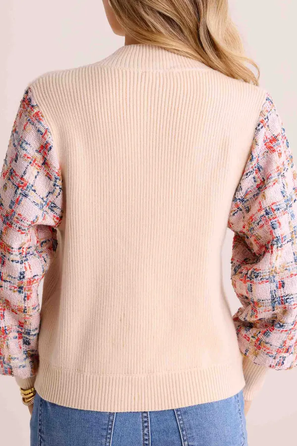 Beige Tweed-Knit Contrast Sleeve Mock Neck Sweater