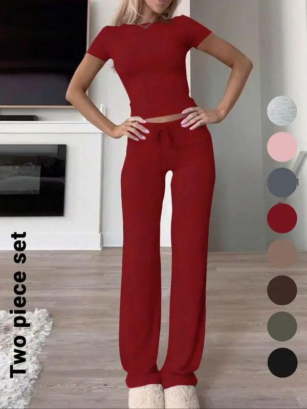 Women's Solid Short Sleeve Two-piece Set