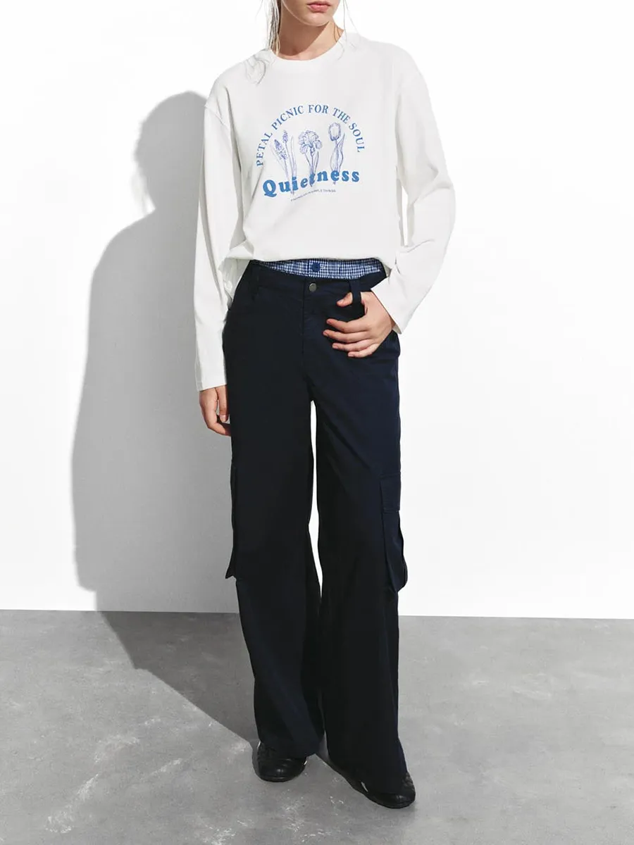 Ladies' Floral Color Lead Drawing Printed Pure Cotton Casual Style T-Shirt