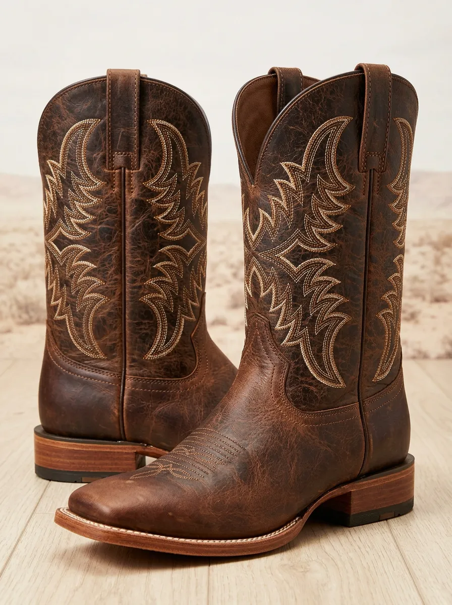 Men's Vintage-Inspired Embroidered Distressed Leather-Look Pattern Western Cowboy Boots