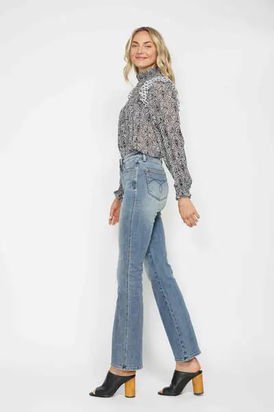 Tummy Control Back Embroidered Pocket Bootcut Denim Jeans