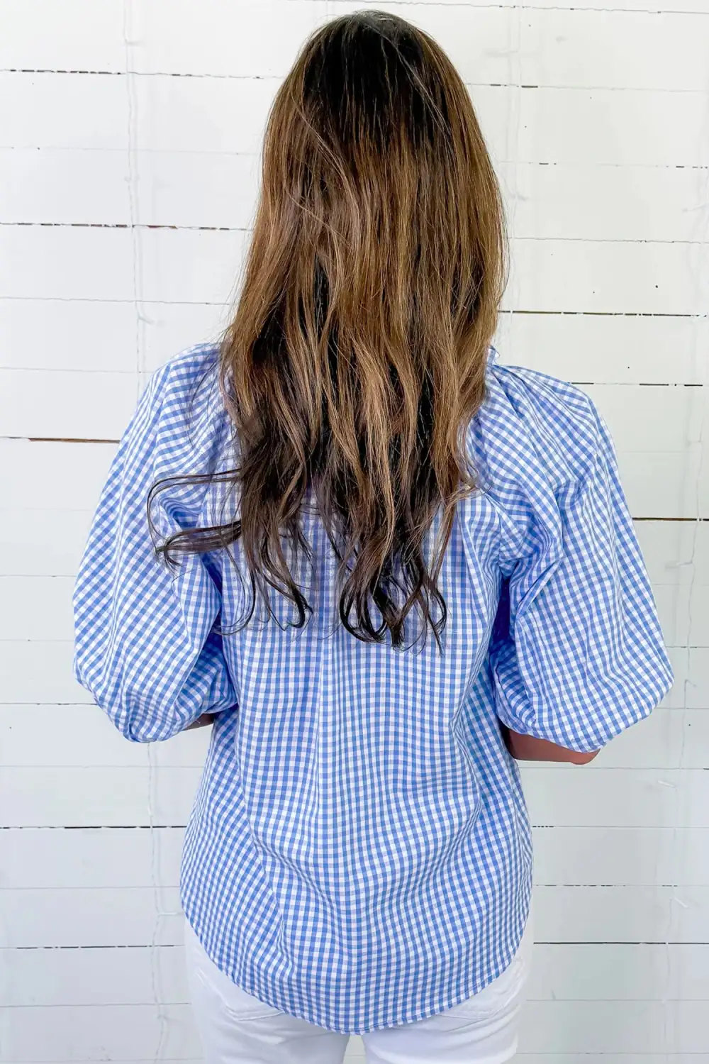 Sky Blue Summer Plaid V Neck Puff Sleeve Blouse