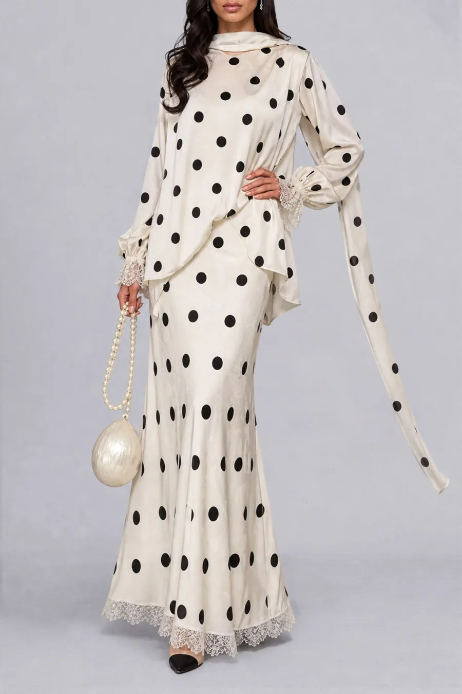 Lace Polka Dot Printed Matching Skirt Set