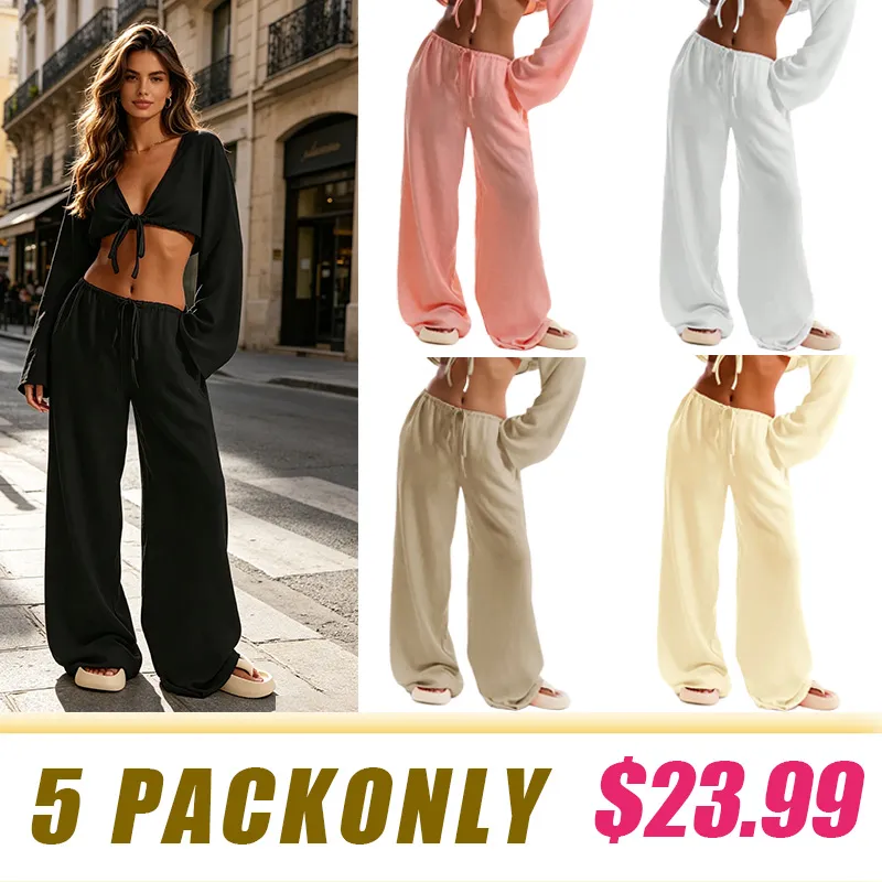 Casual Comfy Wide Leg Woven Trousers for Beach Vacation Holiday