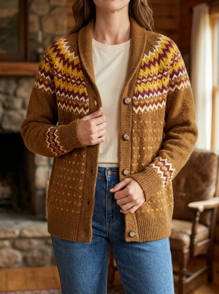 Women's Winter Boho Fair Isle Pattern Printed Ribbed Trim Casual Layering Cardigan