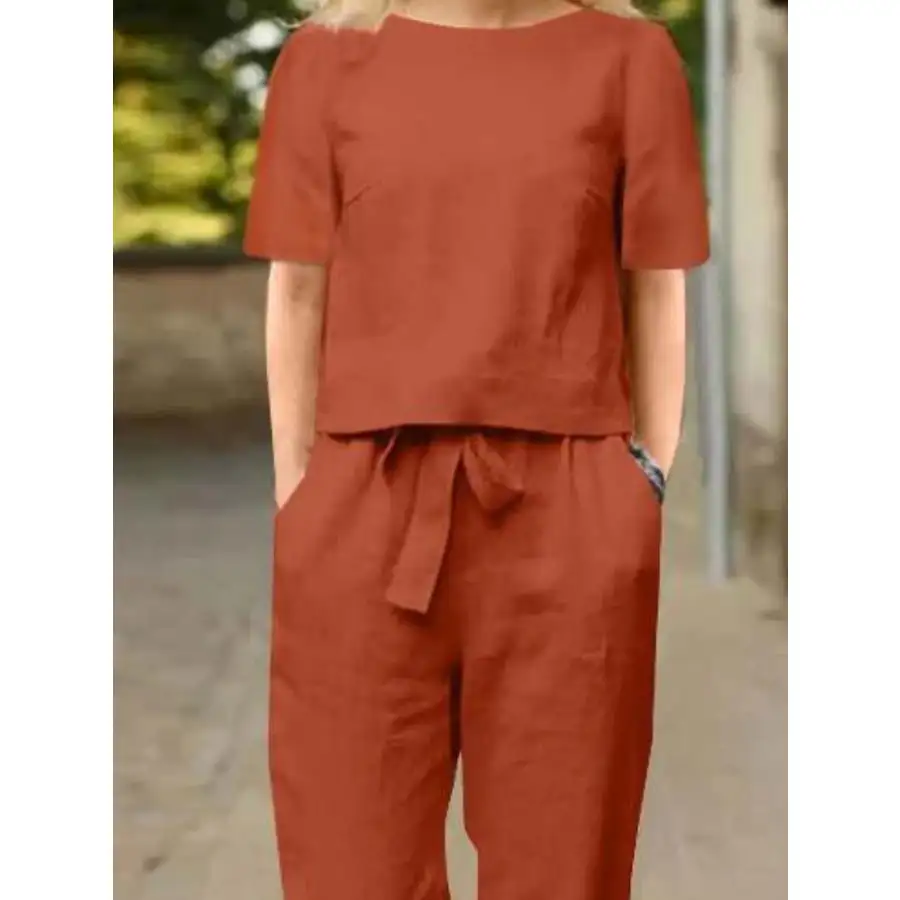 Relaxed Round Neck Short Sleeve Top and Pants Set