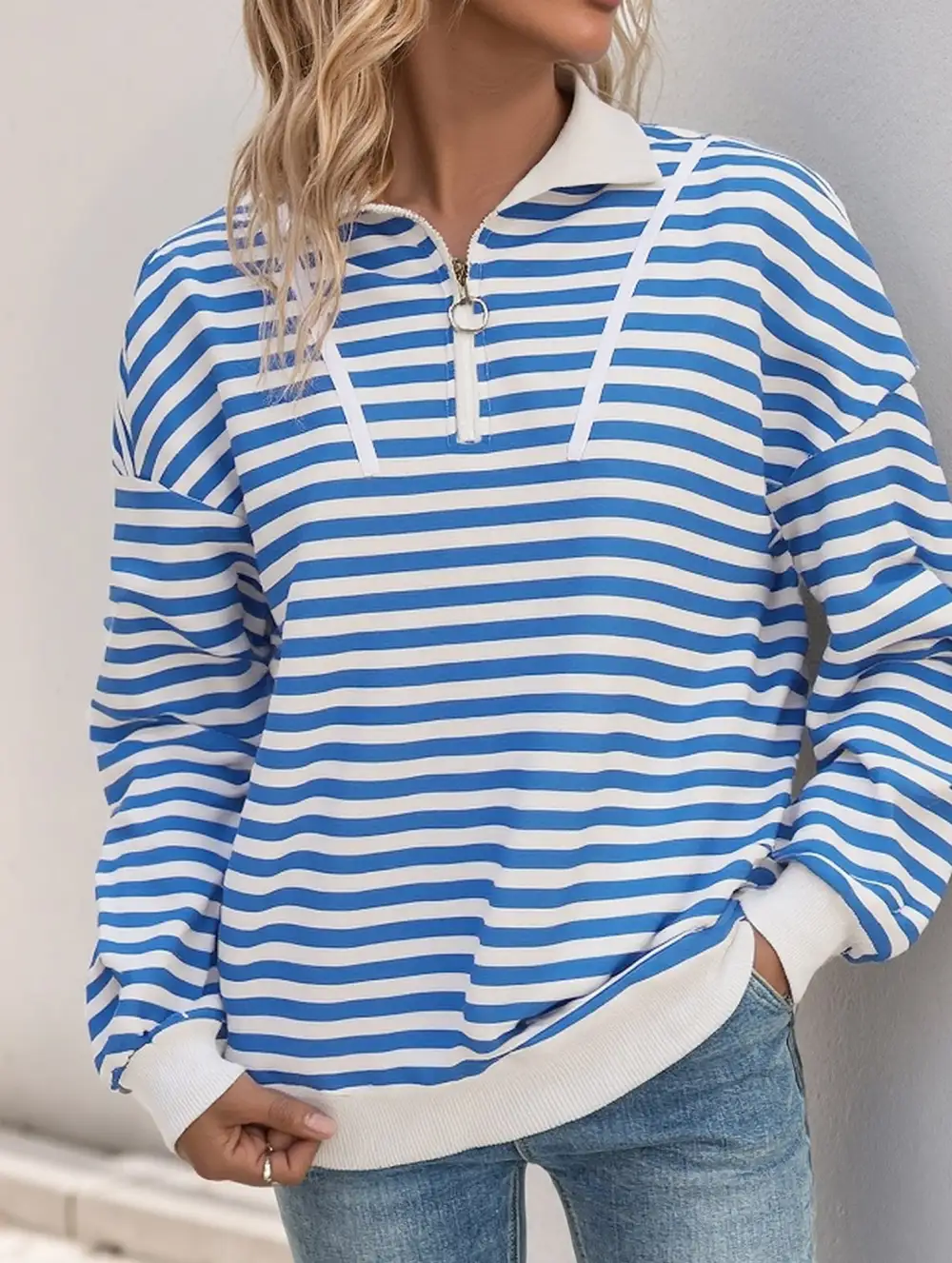 Striped Button Collar Sweatshirt