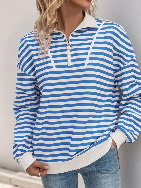 Striped Button Collar Sweatshirt