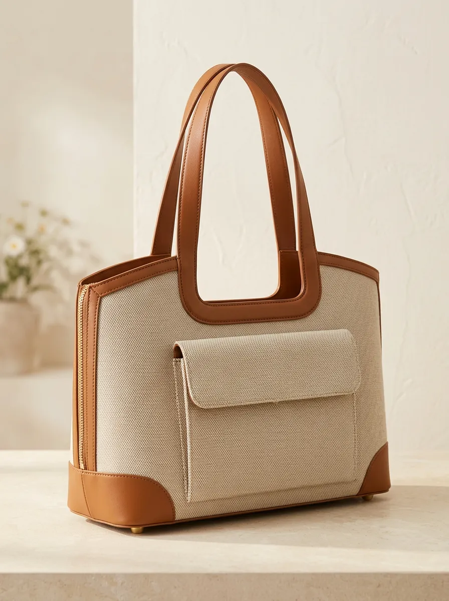 Contrast Panel Canvas Leather-Look Trimmed Tote Bag
