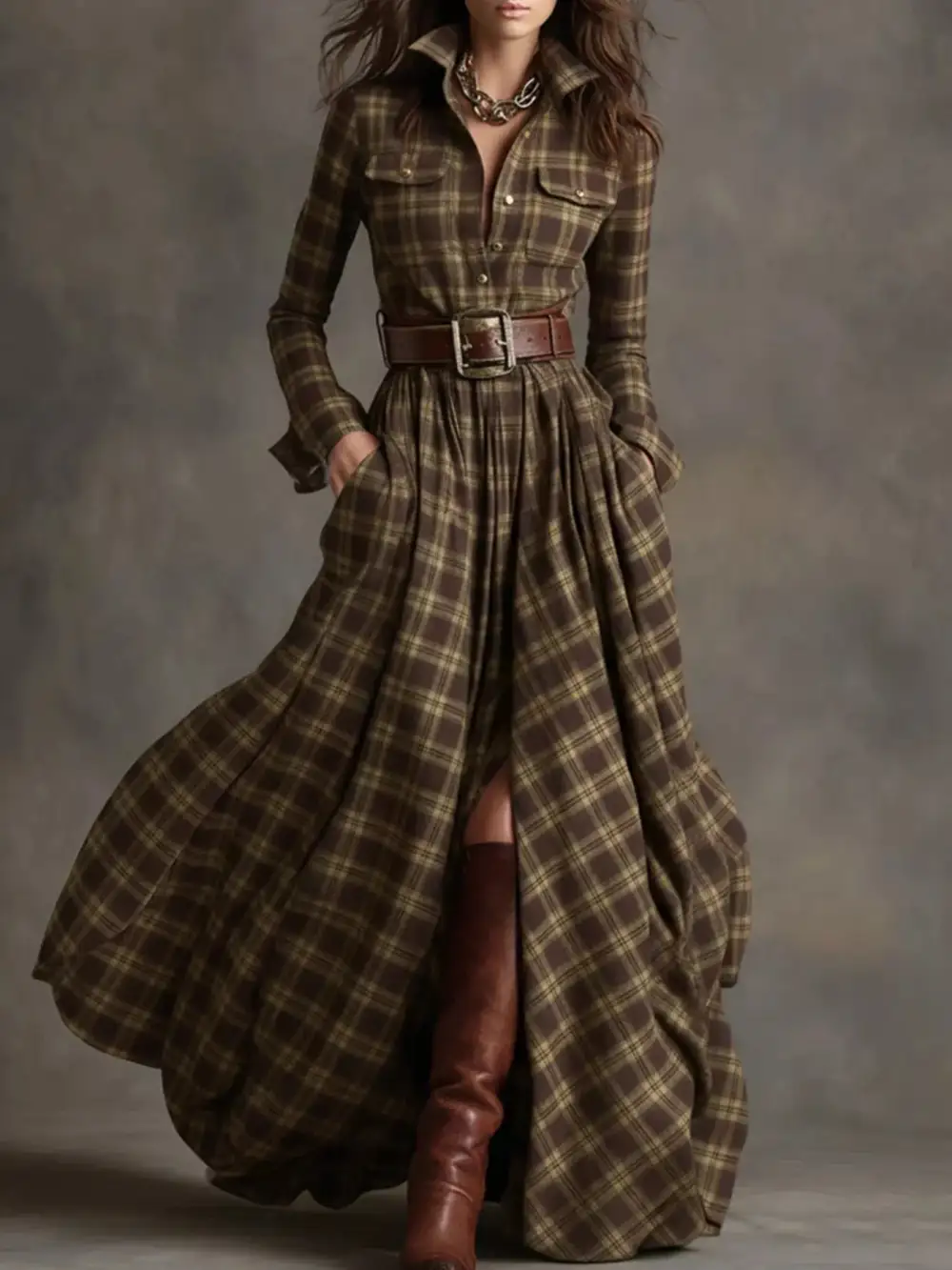 Smooth Finish Plaid Button Front Maxi Dress