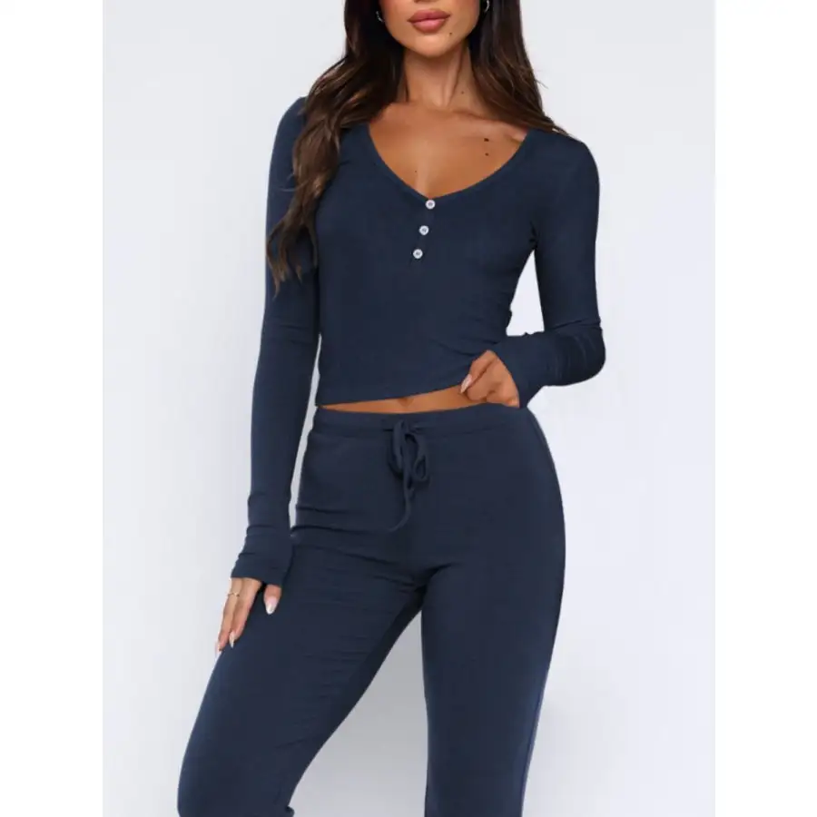 V Neck Long Sleeve Top and Pants Set