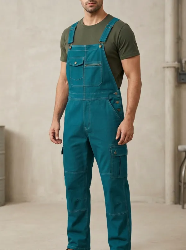 Men's Brown Canvas Multi-Pocket Cargo Bib Overalls