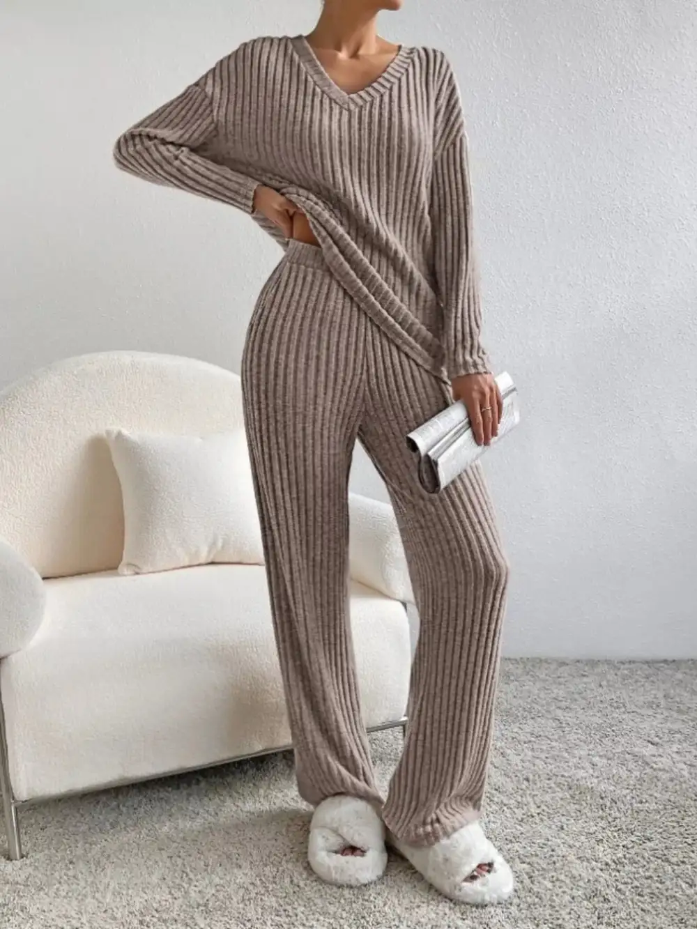 Classic Ribbed Knit V Neck Top and Pants Set