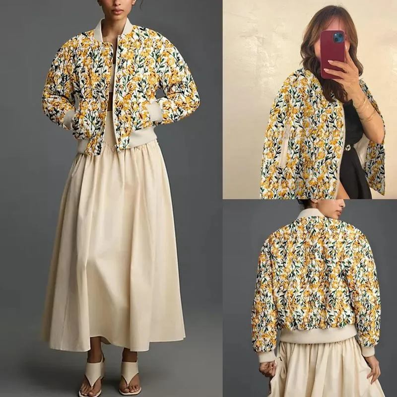 Women's Ramie Linen Embroidered Daisy Cropped Bomber Jacket with Quilted Puffer Sleeves & Two Side Pockets Outerwear
