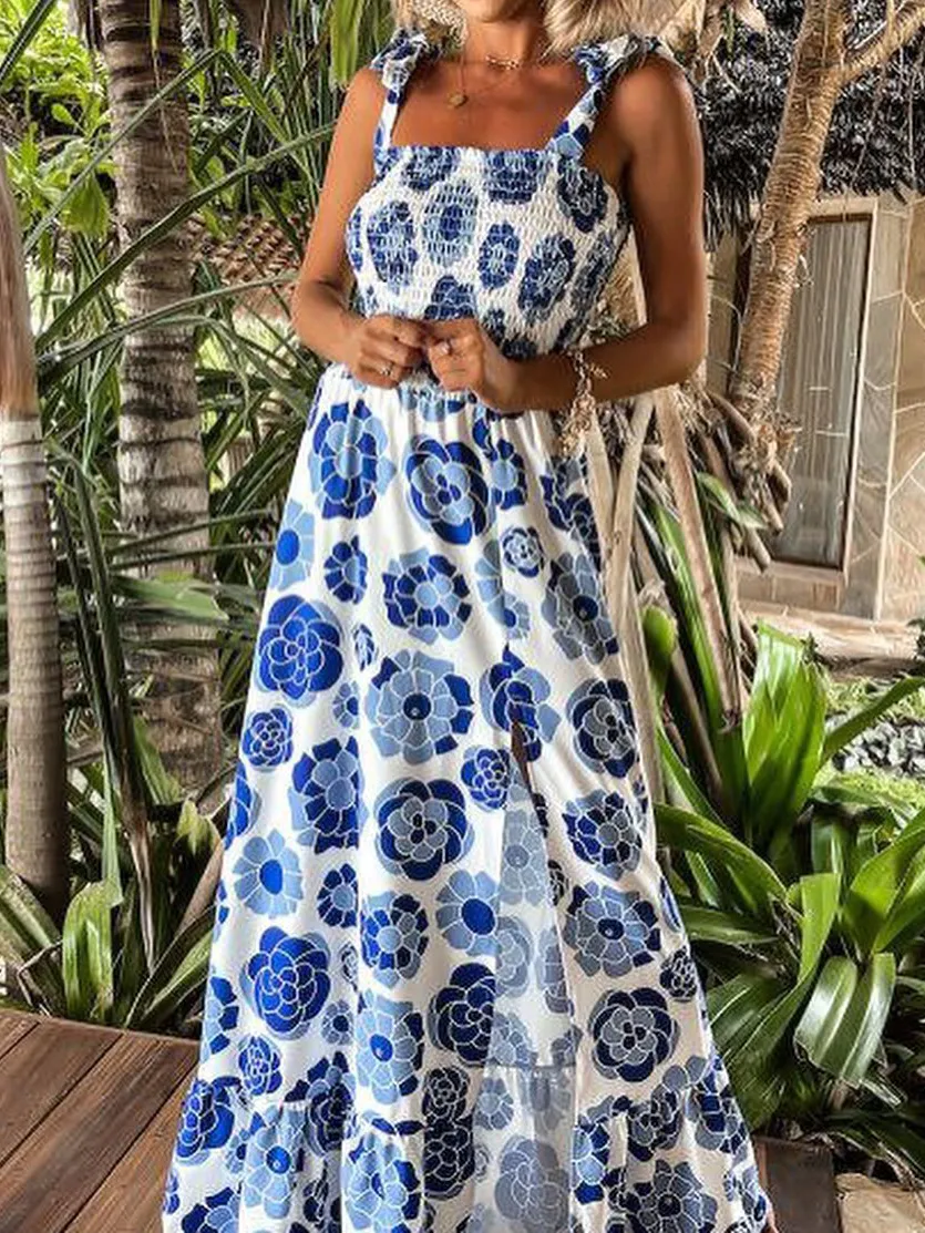 Resort Printed Sling Sleeveless Slit Maxi Dress