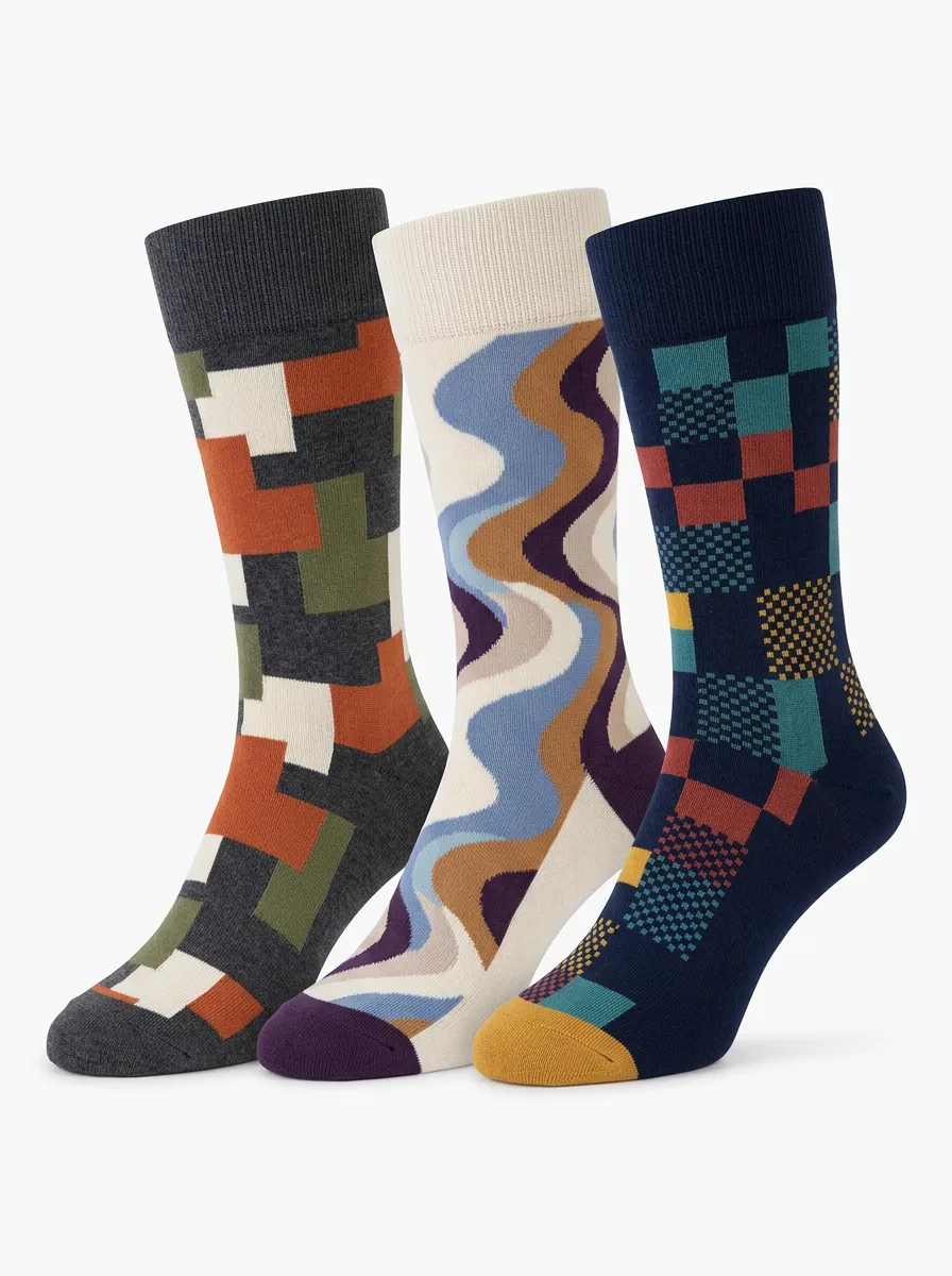 Men's Geometric Abstract Wave Print 3-Pack Socks