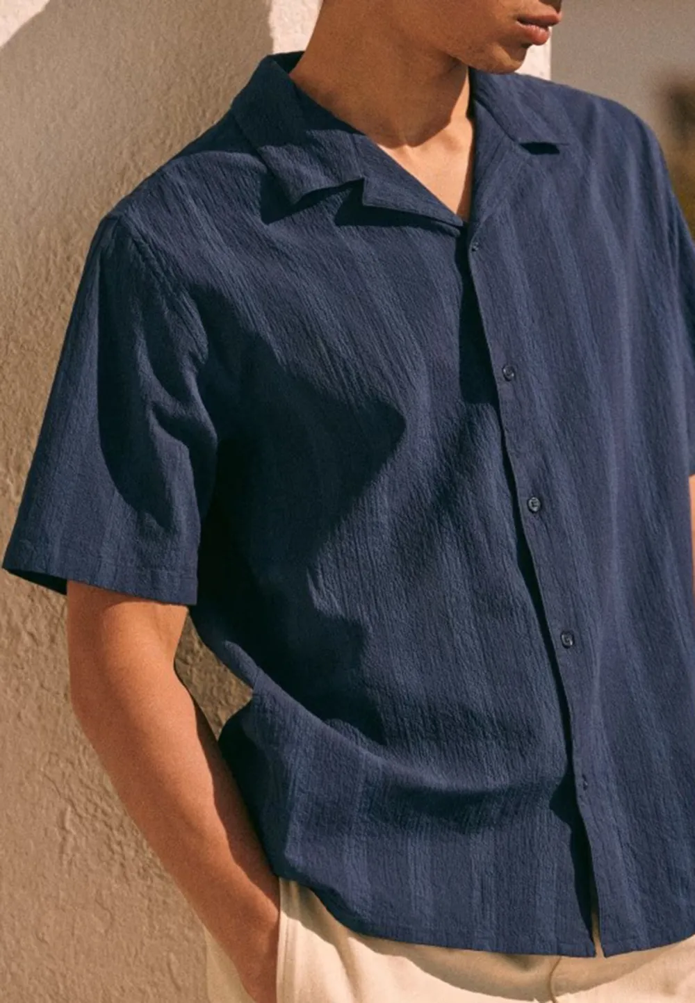 Navy Blue Solid Seersucker Short Sleeve Camp Shirt
