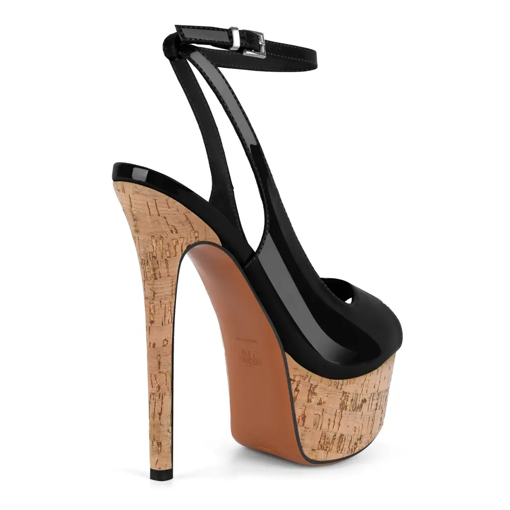 Patent Finish Peep Toe Platform Stiletto Ankle Strap Pumps