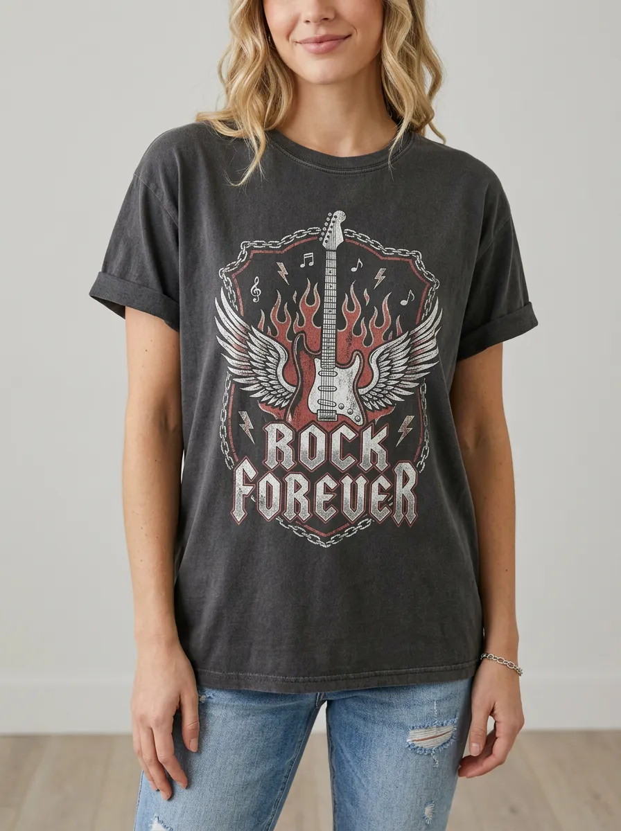 Women's Rock Music Lover Winged Guitar Flame Printed T-shirt