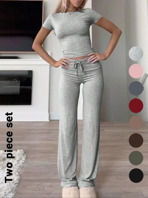 Women's Solid Short Sleeve Two-piece Set