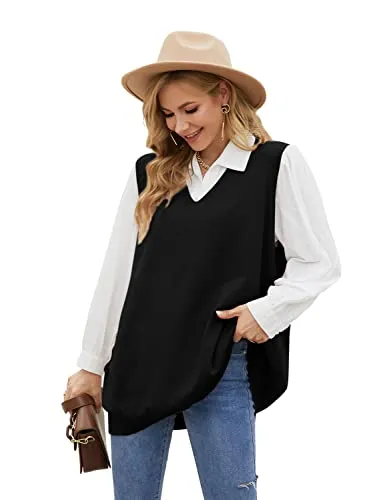 Sweater Vest Womens Knitted Oversized V Neck Sleeveless Sweater Knitwear Tank Tops with Pocket (S-3XL)