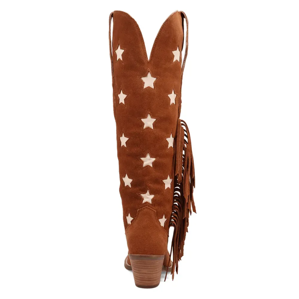 Faux-Suede Snip-Toe Chunky-Heel Platform Knee-Length Western Boots