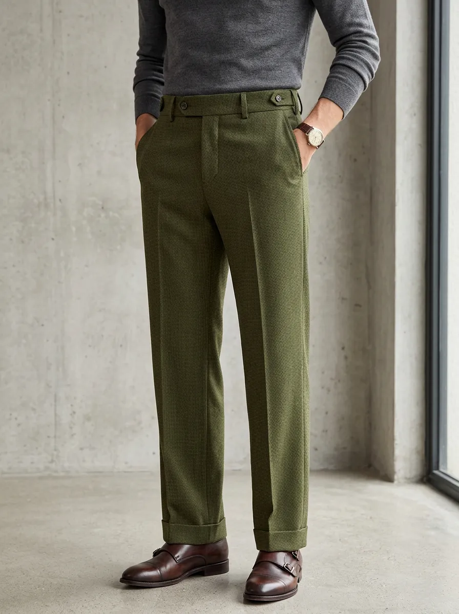 Men's Vintage Style Olive Green Houndstooth Printed Trousers