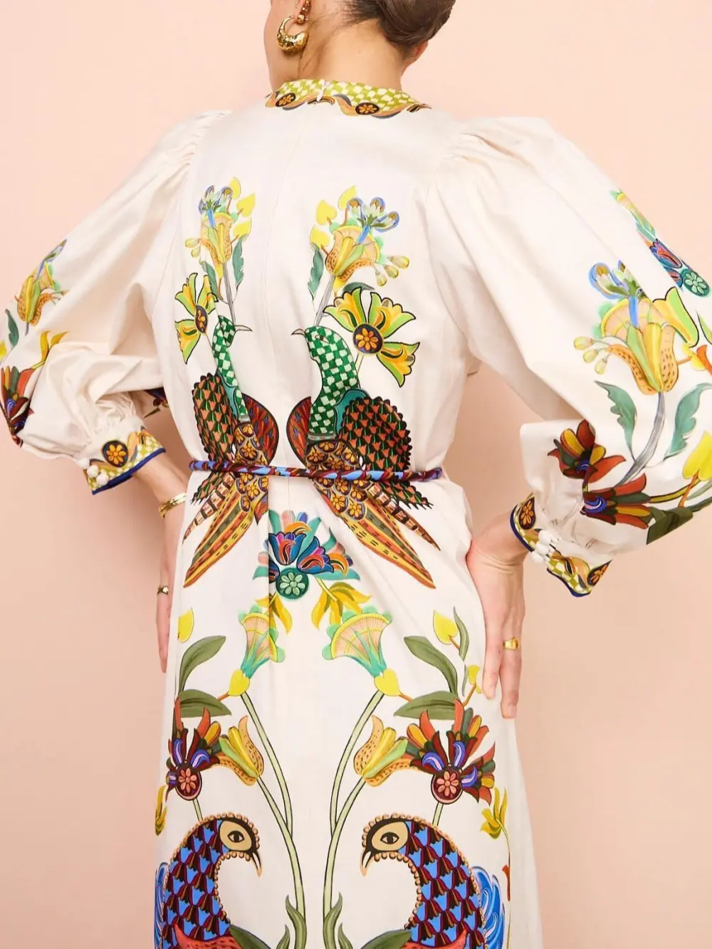 And Fun Printed Puff Sleeves Loose Midi Dress