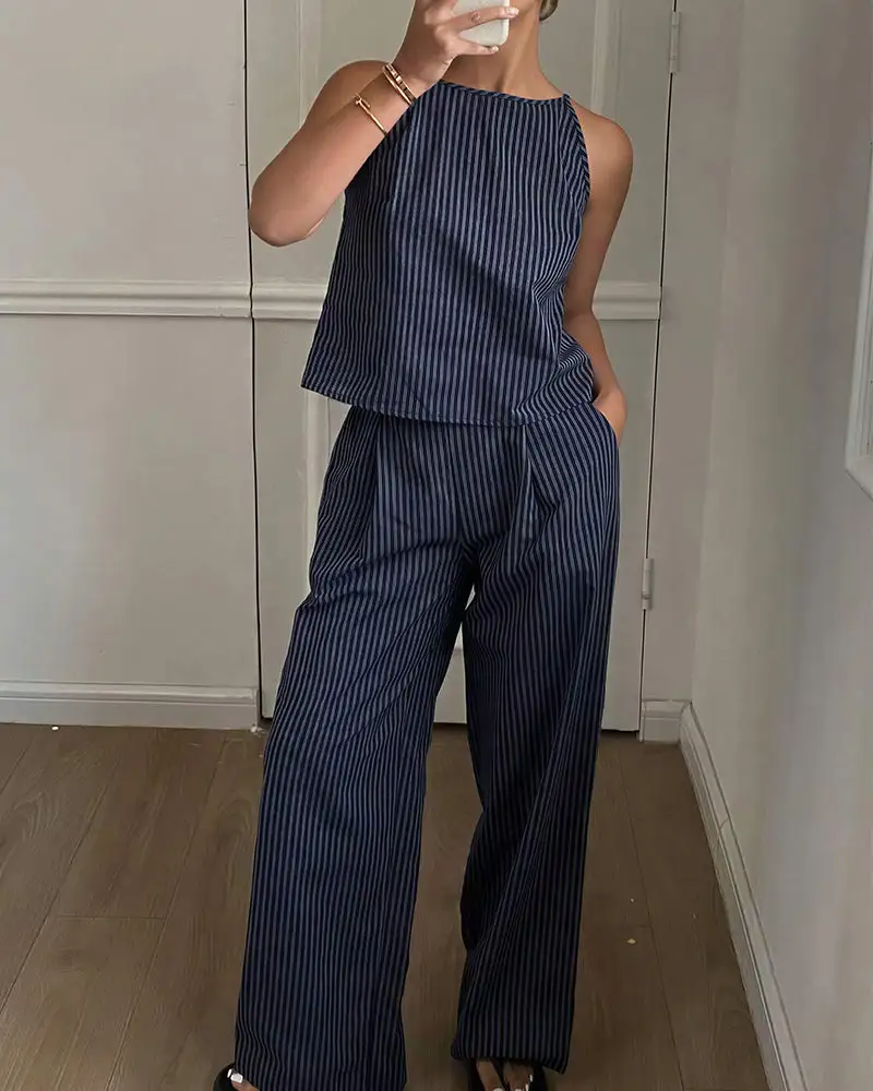 Minimalist Striped Drawstring Halter Top and Wide Leg Pants Set